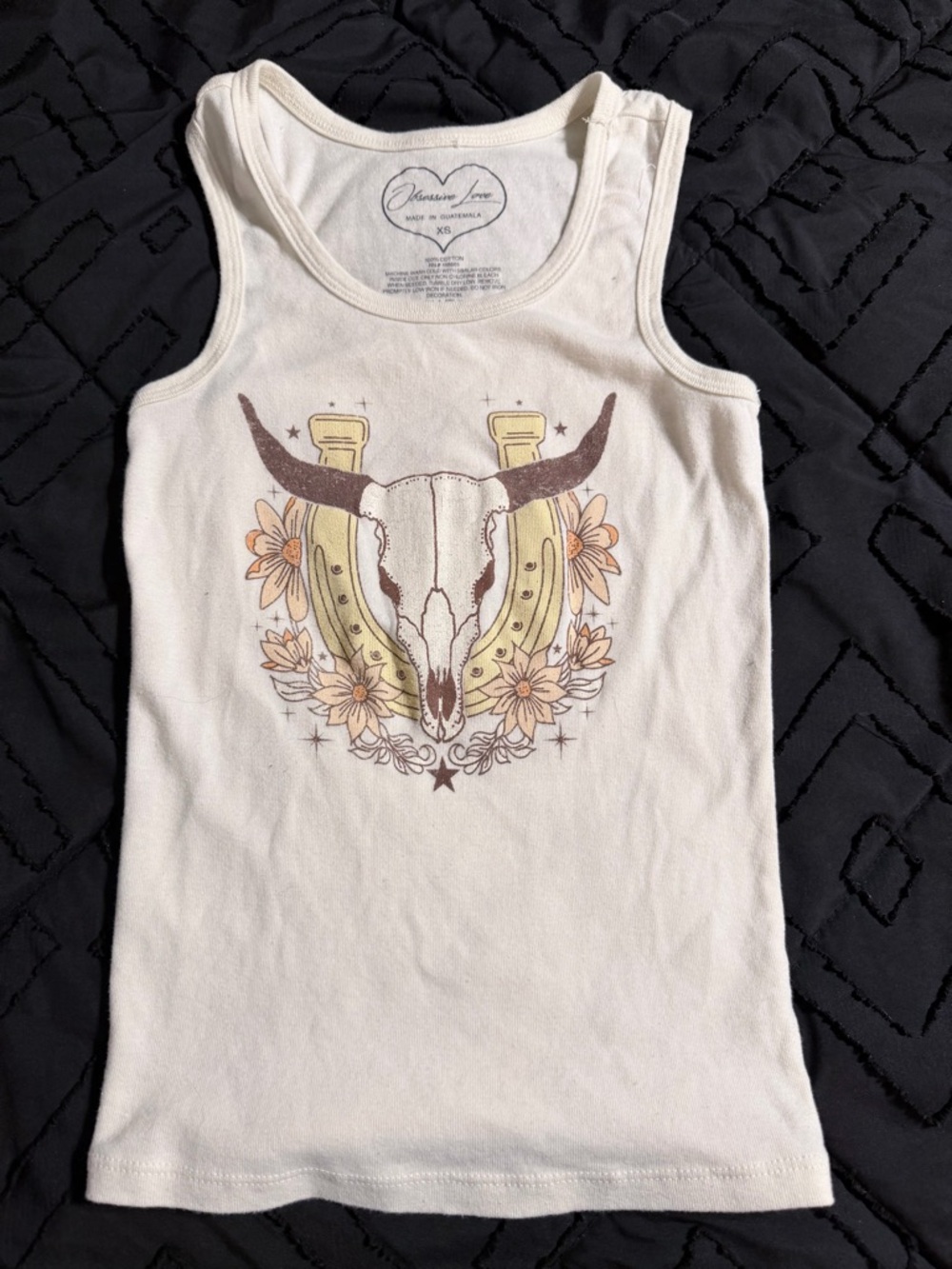 Charcoal Lane Women's Cream Graphic Tank Top - Floral Bull Skull